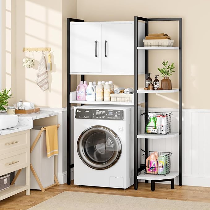 Roxibelt K2 Heavy Duty 7-Tier Over The Toilet Storage Cabinet（With Magnetic Doors & Adjustable Feet）Freestanding Above Toilet Shelf，Space Saver Bathroom Organizer 9.3"D x 31.5"W x 67.2"H，Beige White