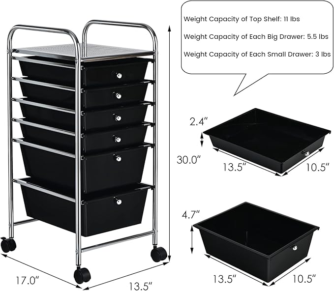 Happygrill 6-Drawer Organizer Cart Tools, Mobile Utility Storage Cart with Removable Drawers & Lockable Wheels, Rolling Storage Cart with Wheels for Home Office,Black