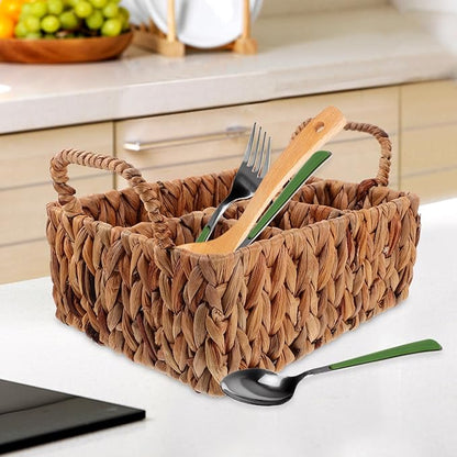 Hyacinth Woven Storage Basket for Cutlery Organization Rustic Tableware Holder for Home Kitchen and Picnics Versatile Sundries Basket with Compartments