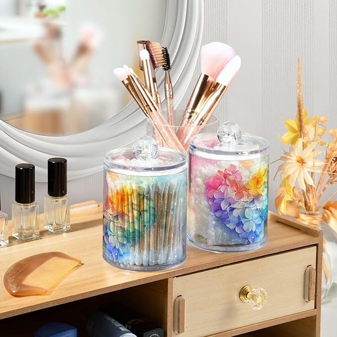 MNSRUU 4 Pack Qtip Holder Organizer Dispenser Pink Hearts Bathroom Containers Bathroom Vanity Storage Canister Apothecary Jars for Cotton Swabs/Pads/Floss