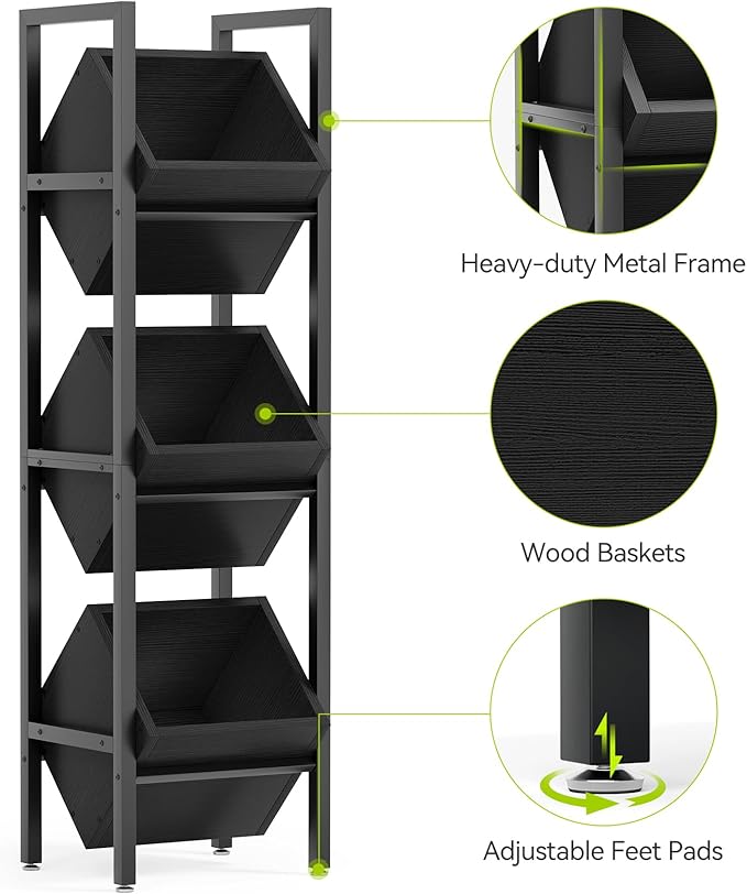 LITTLE TREE 3-Tier Basket Stand, Rustic Standing Organizer Storage Rack, Wooden Floor Stand Shelving Unit for Kitchen, Bathroom, Living Room