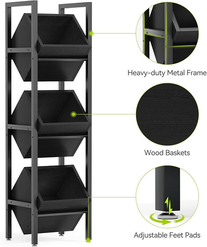 LITTLE TREE 3-Tier Basket Stand, Rustic Standing Organizer Storage Rack, Wooden Floor Stand Shelving Unit for Kitchen, Bathroom, Living Room