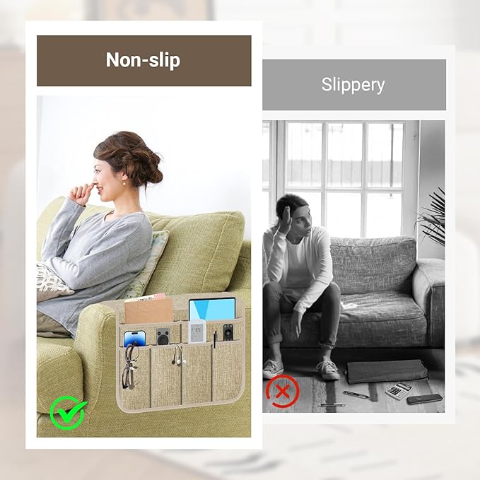 Meeall Armchair Caddy & Remote Control Holder for Couch & Recliner | Non-Slip Armrest Organizer with 6 Pockets for TV Remote, Phone, Tablet, Magazine & More, 19 x 35 Inches, Beige