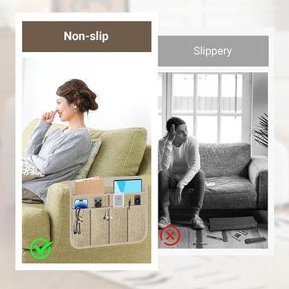 Meeall Armchair Caddy & Remote Control Holder for Couch & Recliner | Non-Slip Armrest Organizer with 6 Pockets for TV Remote, Phone, Tablet, Magazine & More, 19 x 35 Inches, Beige