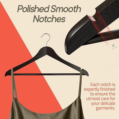 Brown Wooden Hangers 5 Pack – Heavy-Duty with 360° Swivel Hook, Non-Slip, Pants Bar & Shoulder Grooves - Wooden Hangers for Suits, Jackets, Dresses & Camisoles, Space-Saving and Smooth Finish
