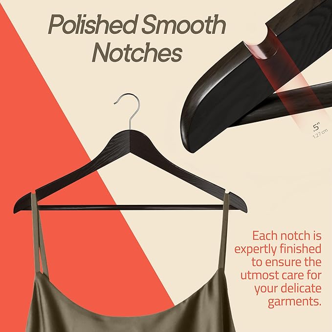 Brown Wooden Hangers 50 Pack – Heavy-Duty with 360° Swivel Hook, Non-Slip, Pants Bar & Shoulder Grooves - Wooden Hangers for Suits, Jackets, Dresses & Camisoles, Space-Saving and Smooth Finish