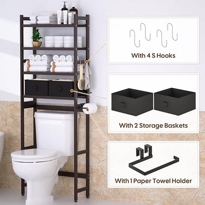 Cozivolife Over The Toilet Storage with 2 Baskets, 4-Tier Bamboo Organizer Rack with Paper Holder & 4 Hooks & Waterproof Feet Pad,Freestanding Shelf for Bathroom(Brown)