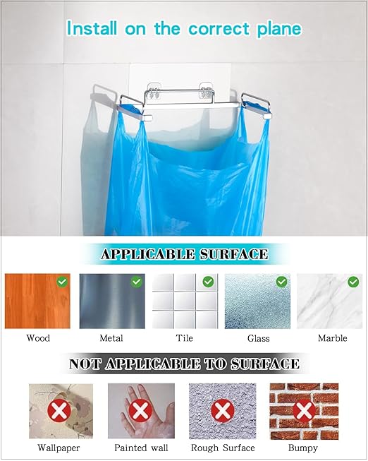 YQh Garbage Bag Holder Stainless Steel for Kitchen Cabinet Doors and Walls, Under Sink Plastic Bag Hooks, Kitchen Trash Can, Grocery Bag Holder, Front Opening Design, Easy to Pick and Place