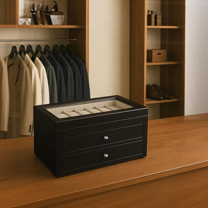Bey-Berk Duke Matte Black Wood Watch Box – 36-Slot Organizer with Glass Top, 2 Drawers & Velour Lining