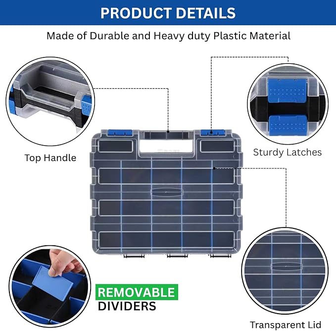 Andalus Tools Organizer Box, Small Parts Storage 34-Compartment Double-Sided Portable Hardware Organizer Removable Plastic Dividers for Screws, Nuts, Bolts, Nails – Blue (1 Pack, 12.5" x 10.5" x 3")