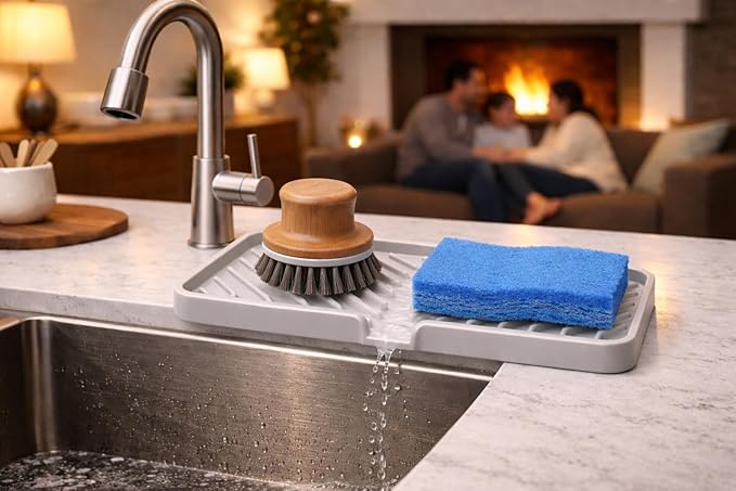 Happitasa Silicone Soap Dish Tray and Sponge Holder with Drain Chute and Feet | 3-Way Sloped Design | Bathroom and Kitchen Sink Organizer Caddy (Light Grey, 10"x4")