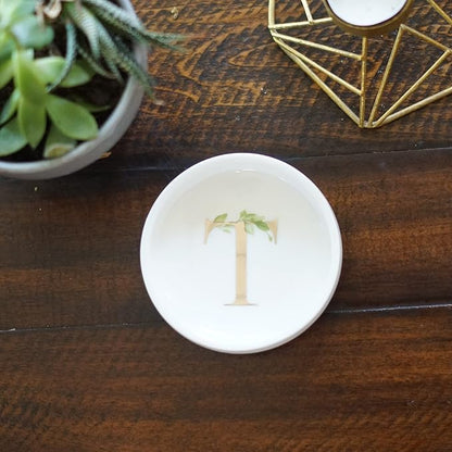 Cedar and Ink Ring Dish with Personalized T in Gold Foil & Greenery, Monogrammed Jewelry Dish, Accessories & Wedding Ring Holder, Dressing Table Tray