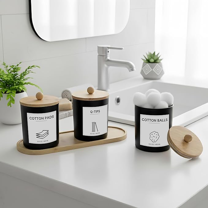 GYOSUGANG 3 PCS Qtip Holder for Bathroom, Cotton Ball Holder with Tray, Bathroom Organizers and Storage, Bathroom Jars for Floss Picks, Cotton Swabs, Balls, Pad(Black)