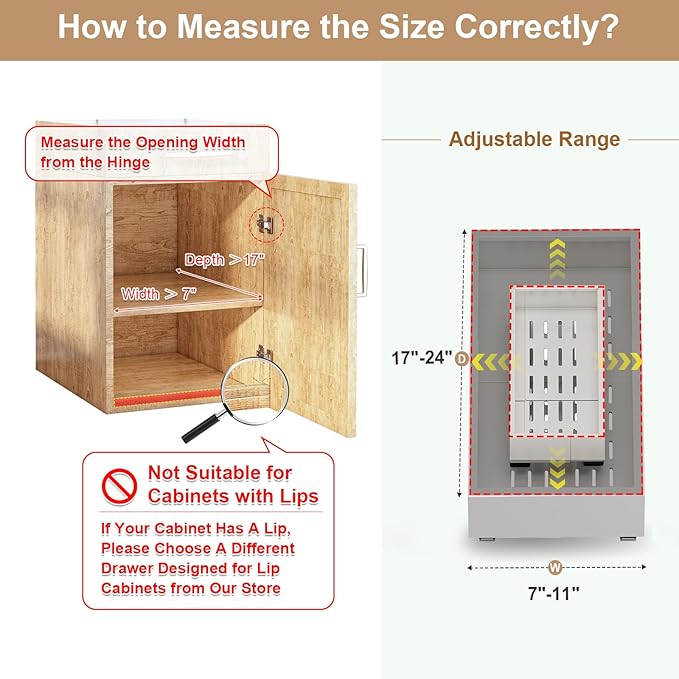 Pull out Cabinet Organizer,Width (7"-11") and Depth (17"-24") Expandable With 3 Rails,No Drill Adjustable Slide out Drawers for Kitchen,Pantry,Adhesive Roll out Shelves,for Cabinets Without Lip,White
