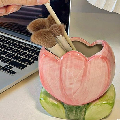 Cute Pen Holder for Desk Pink Vase Decor Aesthetic Toothbrush Holder Pencil Holder for Office Makeup Brush Holder Kawaii Desk Accessories Tulips Home Decor Birthday Gifts for Women
