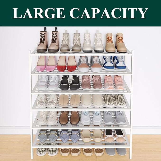 Smiry Long Bamboo Shoe Rack 6-Tier, Stackable Wooden Shoe Organizer for Entryway & Closet, Free Standing Wood Shoe Storage Shelf for Front Door & Small Spaces, White
