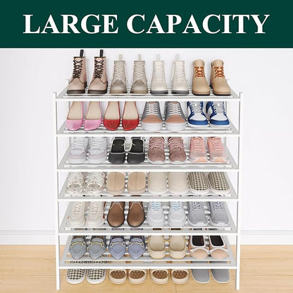 Smiry Long Bamboo Shoe Rack 6-Tier, Stackable Wooden Shoe Organizer for Entryway & Closet, Free Standing Wood Shoe Storage Shelf for Front Door & Small Spaces, White