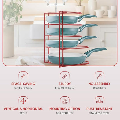 Extreme Matters Heavy-Duty Pots and Pans Organizer | 5-Tier Cookware & Lid Storage Rack | Free-Standing or Wall-Mount | Kitchen Organizer for Cast Iron Skillets, Pots, Frying Pans, Lids | Red