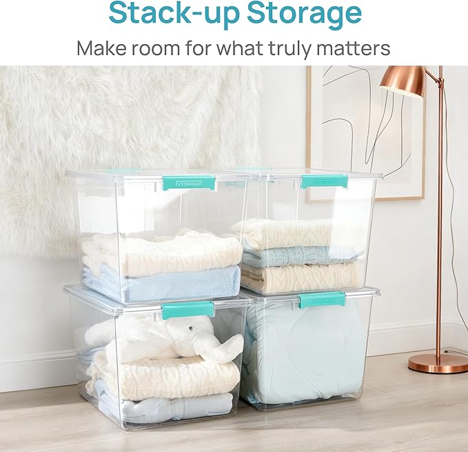 Vtopmart 4 Pack 72 QT Crystal Clear Storage Bins with Lids, 4 Pack Stackable Plastic Large Latching Boxes Totes Tubs Container for Closet Organizers and Storage, Bedroom, Clothes, Toys, Bedding