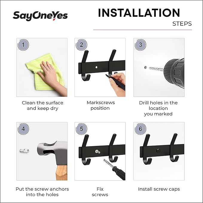 Matte Black Coat Rack Wall Mount – 17 Inch Stainless Steel Hook Rail with 6 Double Coat Hooks – Wall Mounted Entryway Organizer for Coats, Hats, Bags, Towels, Robes, Closet or Bathroom