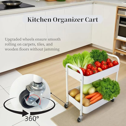 2 Tier Metal Rolling Cart with Wheels for Under Desk Storage & Pantry Storage, High Load-Bearing Kitchen Utility Cart for Small Space, Laundry Room Organization Side Table with 4 Hooks, White