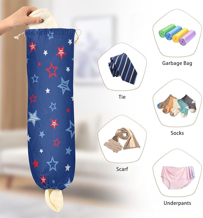 2 PCS Plastic Bag Holder Wall Mount Grocery Bag Holder Shopping Bag Trash Bag Storage Organizer Dispenser for Kitchen Closet 22 x 9 Inch Patriotic Stars
