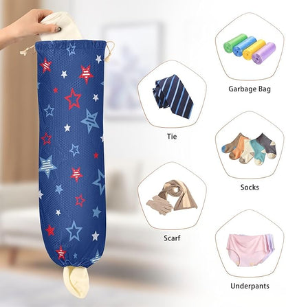 2 PCS Plastic Bag Holder Wall Mount Grocery Bag Holder Shopping Bag Trash Bag Storage Organizer Dispenser for Kitchen Closet 22 x 9 Inch Patriotic Stars