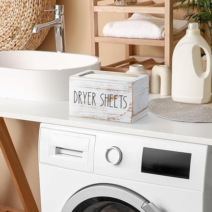 Dryer Sheet Holder, White Washed Wood Laundry Sheets Container, Laundry Room Organization and Storage for Farmhouse Laundry Room Decor and Accessories, Fabric Sheet Dispenser