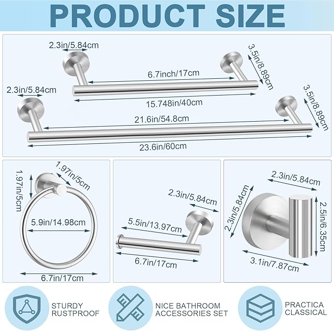 Gisafai 20 Pcs Bathroom Hardware Set, 23.6 Inch Brushed Towel Bar Ring Toilet Paper Holder Robe Towel Hook, Sus304 Stainless Steel Bathroom Accessory Set Wall Mounted (Silver)