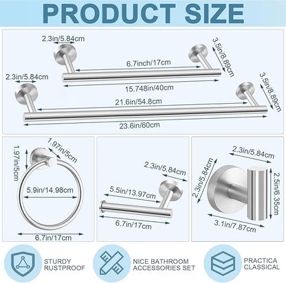 Gisafai 20 Pcs Bathroom Hardware Set, 23.6 Inch Brushed Towel Bar Ring Toilet Paper Holder Robe Towel Hook, Sus304 Stainless Steel Bathroom Accessory Set Wall Mounted (Silver)