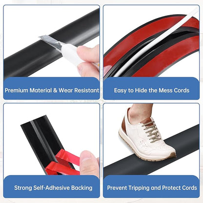 Floor Cord Cover Self Adhesive Cord Hider Floor Extension Cord Covers for Floor Power Cord Protector Cable Management Prevent Cable Trips Cable Cavity 0.51" W x 0.31" H (Black, 20Ft)