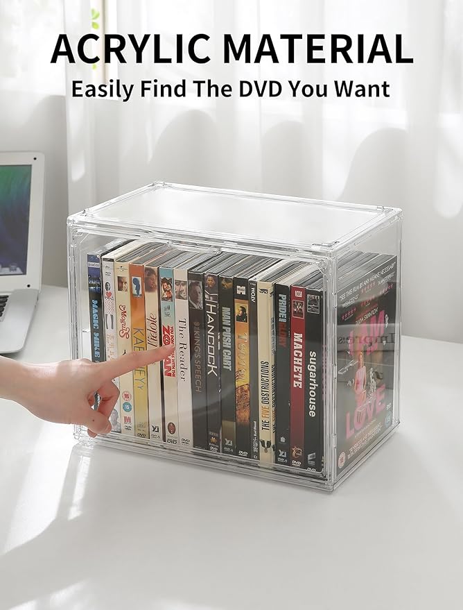 Beveetio Acrylic 2-Pack DVD Storage Box, Stackable DVD Case Holder Organizer With Door, Clear CD Storage Box For CDs, Blu Ray, Discs, Video Games, Holds Up to 34 Cases