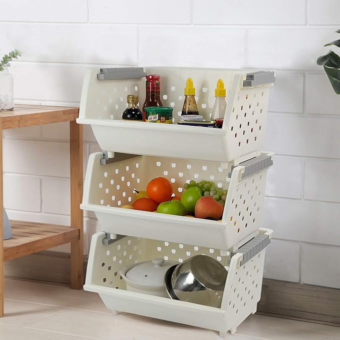 3 Pack Large Stackable Storage Bins Kitchen Plastic Stacking Basket, White