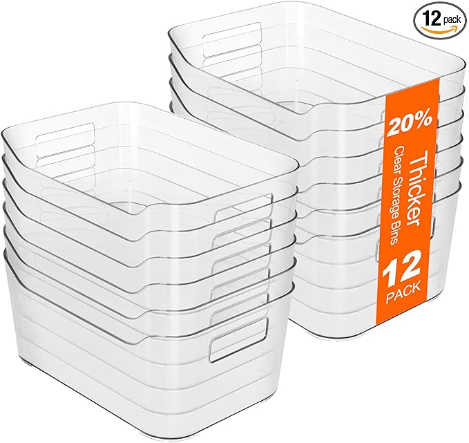 Hudgan 12 Pack Clear Storage Bins for Fridge, Plastic Pantry Organizer Containers for Home, Kitchen Cabinet, Freezer, Bathroom Shelf, Under Sink and Closet