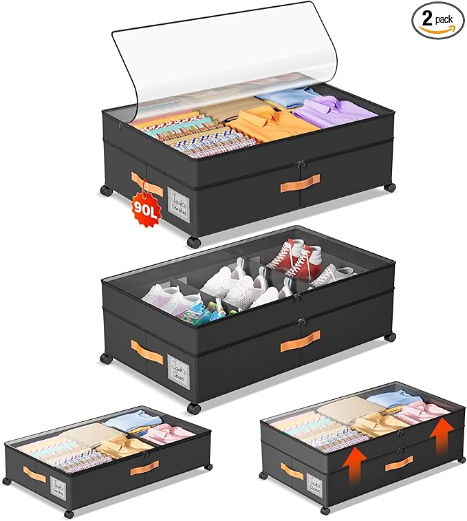 LYCDZT Under Bed Storage with Wheels, Large Capacity UnderBed Containers with Clear Lids, Shoe Organizer Under Bed Drawers, Rolling Under the Bed Storage for Clothes, Shoes, Blankets