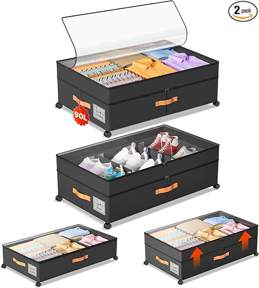 LYCDZT Under Bed Storage with Wheels, Large Capacity UnderBed Containers with Clear Lids, Shoe Organizer Under Bed Drawers, Rolling Under the Bed Storage for Clothes, Shoes, Blankets