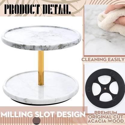 2-Tier Marble Lazy Susan, 10'' Circular Marble Stone Decorative Tray Organizer, Rotating Bathroom Turntable, Kitchen Spice Rack Organizer for Countertop Vanity Dresser Dining Table Pantry