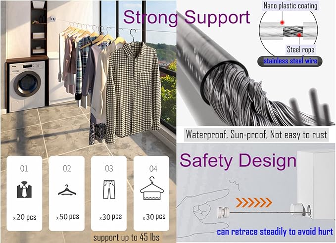 Retractable Clothesline Clothes Line Retracting Outdoor/Indoor, Heavy Duty Stainless Steel Adjustable Drying Rope Wire Dryer with ABS case+Aluminum, Self Adhesive Wall Mount Upgrade Knob Gold