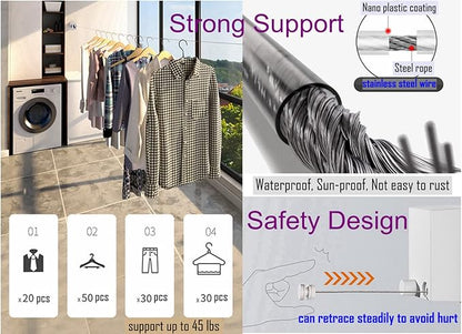 Retractable Clothesline Clothes Line Retracting Outdoor/Indoor, Heavy Duty Stainless Steel Adjustable Drying Rope Wire Dryer with ABS case+Aluminum, Self Adhesive Wall Mount Upgrade Knob Gold