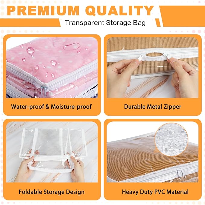 Clear Zippered Storage Bags Plastic Sweater Storage Bags with Zipper 6 Packs Clothing Organizer for Blankets Linen Sweater Bed Sheet Quilt Clothes Pillow (12 x 12 x 12 Inch)