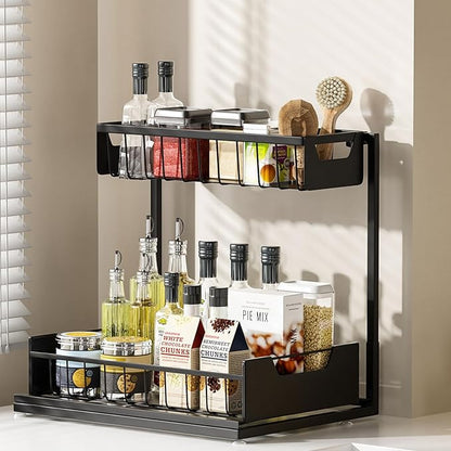 Under Kitchen Sink Organizers and Storage Pull Out 2 Tier Metal Bathroom Cabinet Organizer (Black, 1 Pack)
