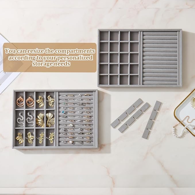 KATISYIO Large Velvet Jewelry Tray 2 Pack Stackable Jewelry Display Drawer Inserts Trays Organizer for Earring Bracelet Necklace Ring (Gray, Ring and 24 Grids)