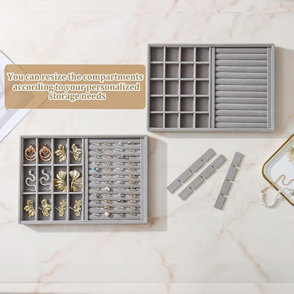 KATISYIO Large Velvet Jewelry Tray 2 Pack Stackable Jewelry Display Drawer Inserts Trays Organizer for Earring Bracelet Necklace Ring (Gray, Ring and 24 Grids)