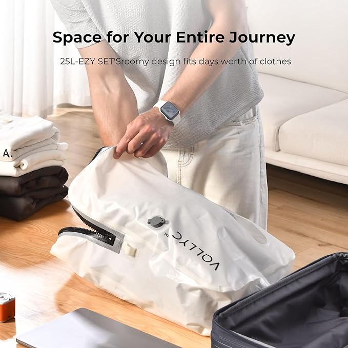 VOLLYC Travel Vacuum Bags with Pump, 25L Large Capacity Vacuum Bags for Travel, IPX7 Waterproof, Open Zipper, Reusable Space Saver Compression Bags for Luggage, Backpack, Suitcase, Home Storage