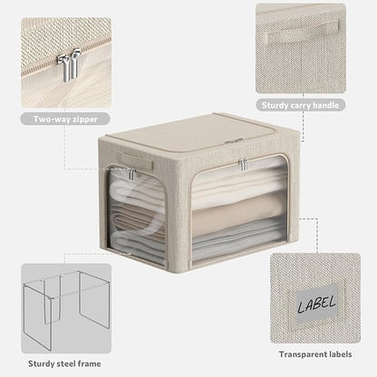 3 Openings Clothes Storage Bins Box - 3Pack Stackable Foldable Storage Bin - Metal Frame Storage Box Clothing Storage Organizer with Clear Window, Carry Handles (Beige, 100L-23.6x16.5x15.7in)