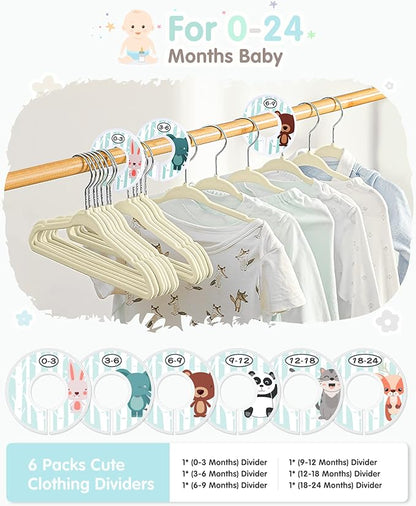 VIS'V Baby Hangers, 11 Inch Velvet Kids Hangers with 6 Pcs Clothes Size Dividers, Infant Toddler Nursery Closet Organization, Non Slip, Beige, 30 Pcs