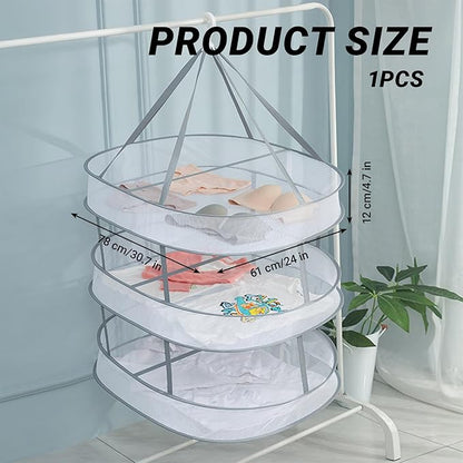 Sweater Drying Rack Mesh Foldable, Lay Flat Clothes Dryer Rack, Large Hanging Dry Rack for Clothes, Folding Clothing Drying Hanger, Portable for Laundry Indoor Outdoor (3-Tier)