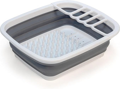 SAMMART 8L (2.11Gallons) Collapsible Dish Drainer - Foldable Drying Rack - Portable Dinnerware Organizer - Space Saving Kitchen Utensil Storage Tray (White/Steel Grey)