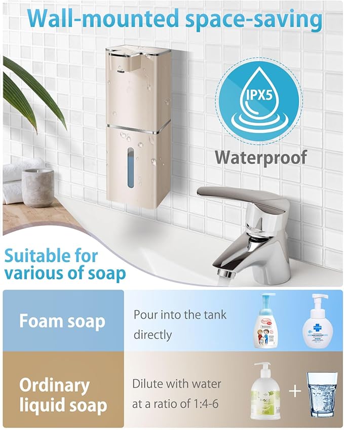 JEMISUN Automatic Soap Dispenser Touchless Foaming Soap Dispenser 300ml/12.8oz Rechargeable, Wall Mounted 4 Levels Adjustable Foam Soap Pump for Bathroom Kitchen Dish Soap