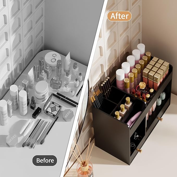 LONTAI Bamboo Makeup Organizer with Drawers, Cosmetic Storage for Lipstick Organizer Beauty Holder Skincare Organizer for Dresser Vanity Bathroom Countertop, No Assembly Required (Black)